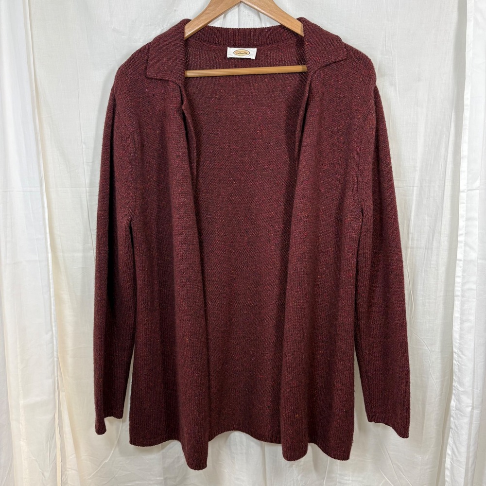 Talbots 100% Wool Open Front Collared Cardigan Maroon Multicolored Specks Size L